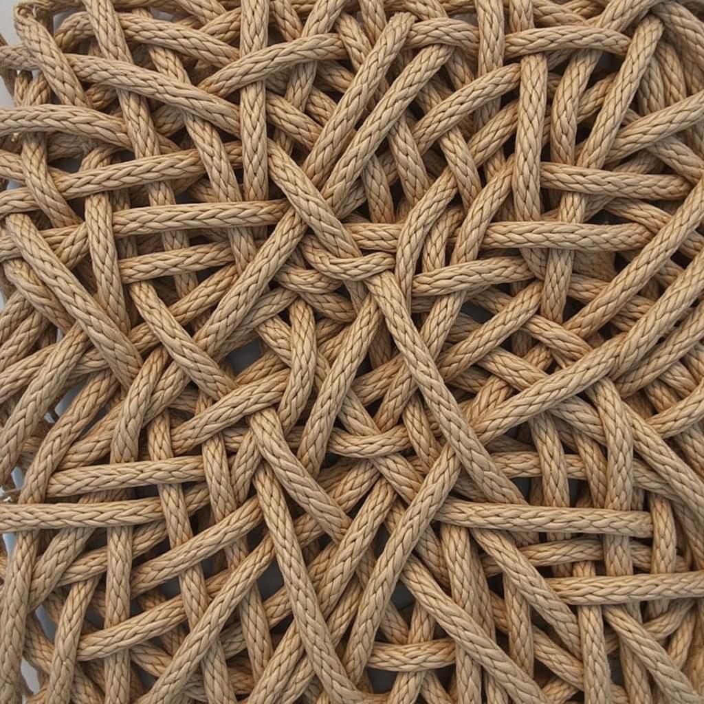 Close-up details of a fiber art piece showcasing intricate knots and weaving techniques at the Chicago Botanic Garden. 