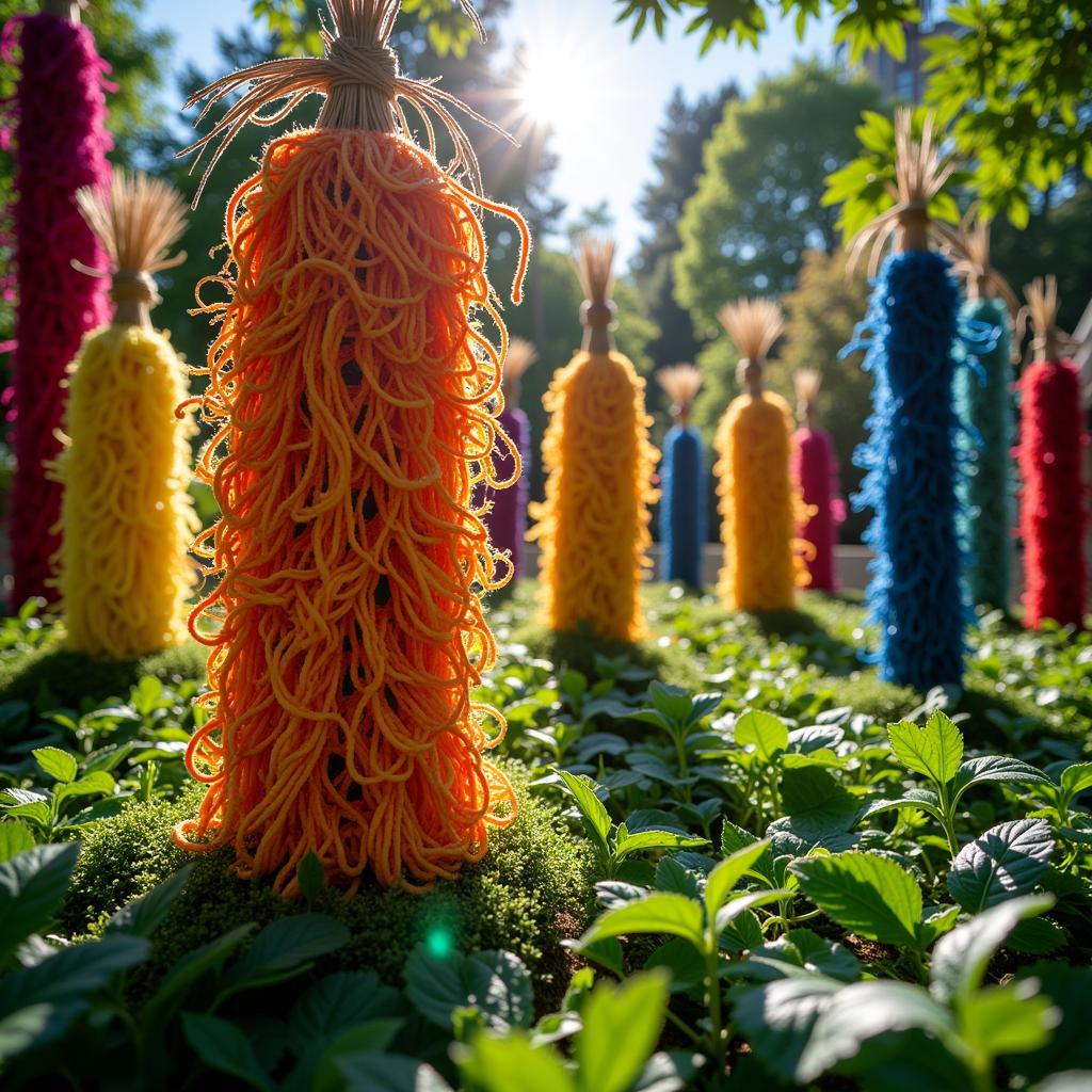 Fiber art installation at Chicago Botanic Garden depicts colorful woven structures amidst lush greenery.