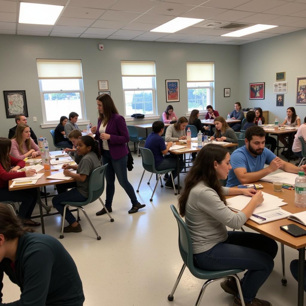 Students engaged in a fine arts high school class, working with various art supplies and receiving guidance from their instructor.