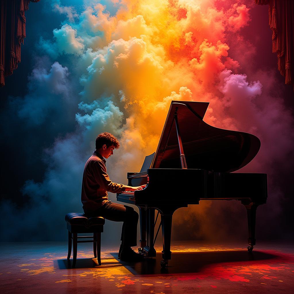 Fine arts in music expression: a musician playing a grand piano with vibrant colors surrounding them