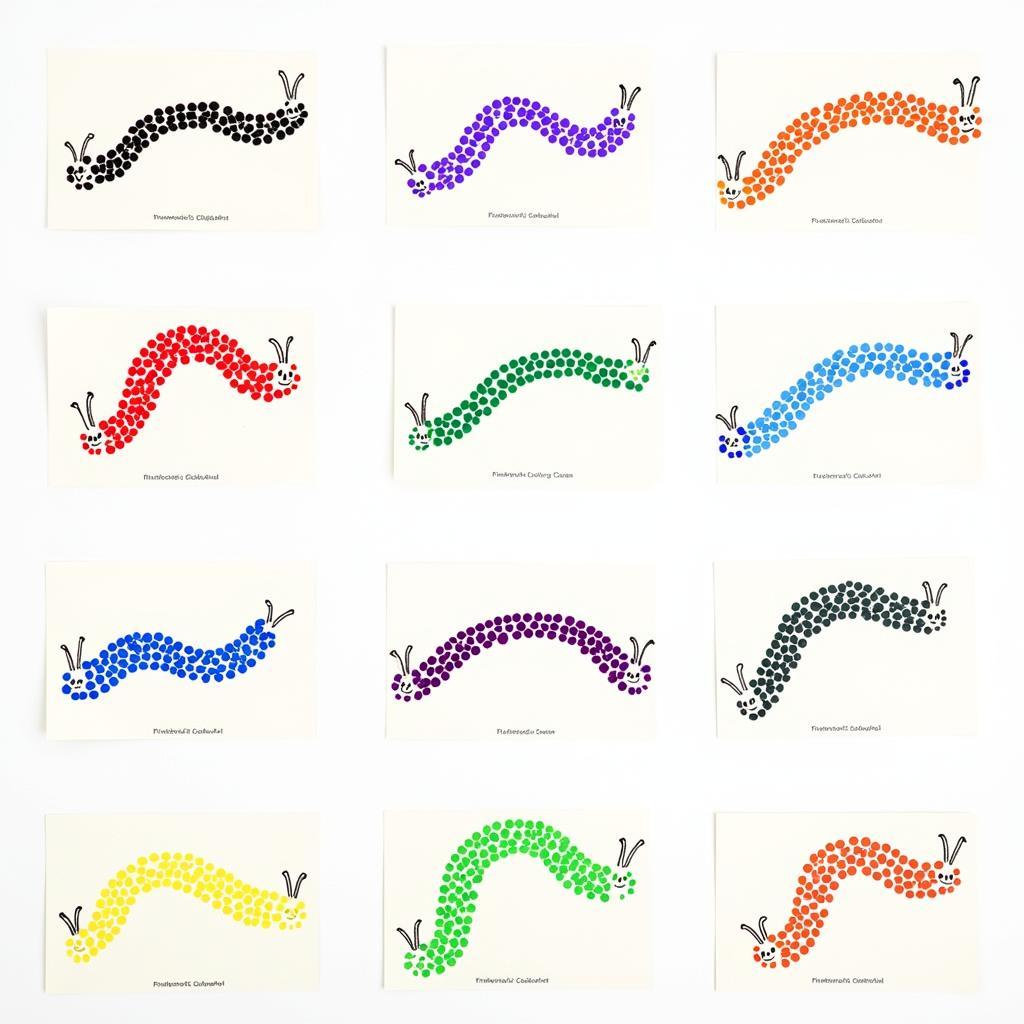 A collection of completed caterpillar dot art projects showcasing different color palettes and techniques