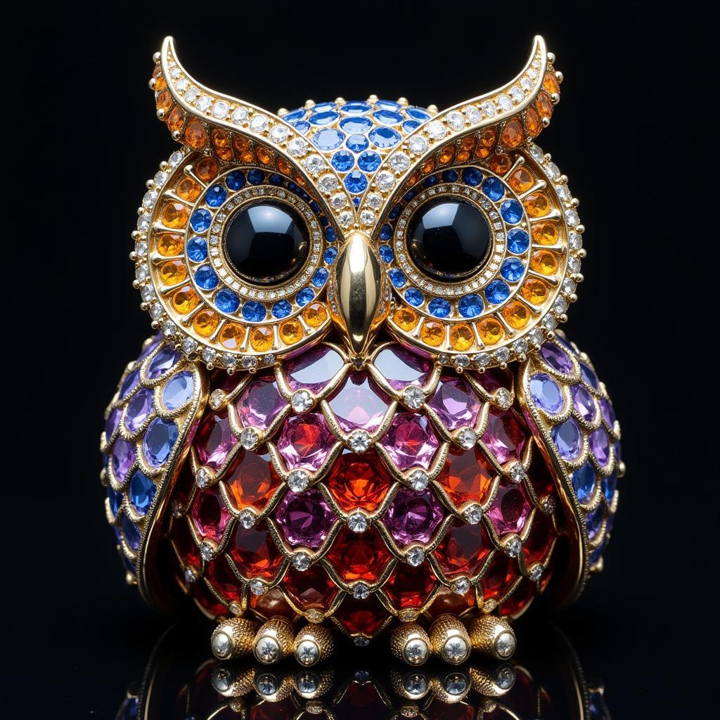 Completed diamond gem art piece depicting an owl, showcasing the vibrant colors and shimmering effect of the diamonds.