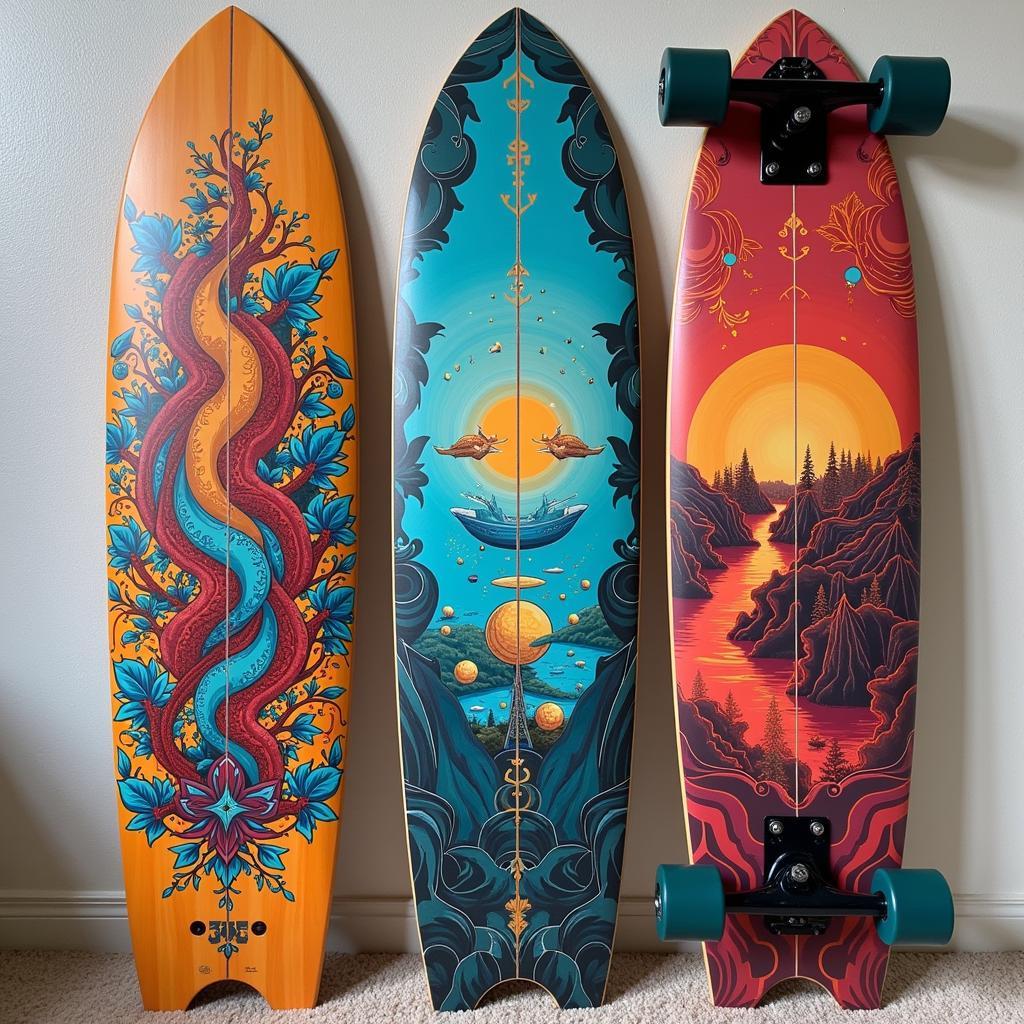 A finished longboard displaying intricate and colorful skateboard art.