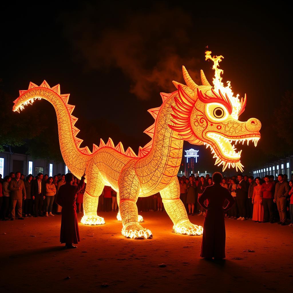 Fire Art Chinese Dragon Dance: A vibrant and dynamic display of a traditional fire dragon dance, illuminating the night sky with its fiery breath and intricate movements.