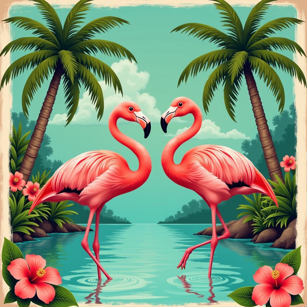 Vintage Flamingo Poster Art in a Tropical Setting