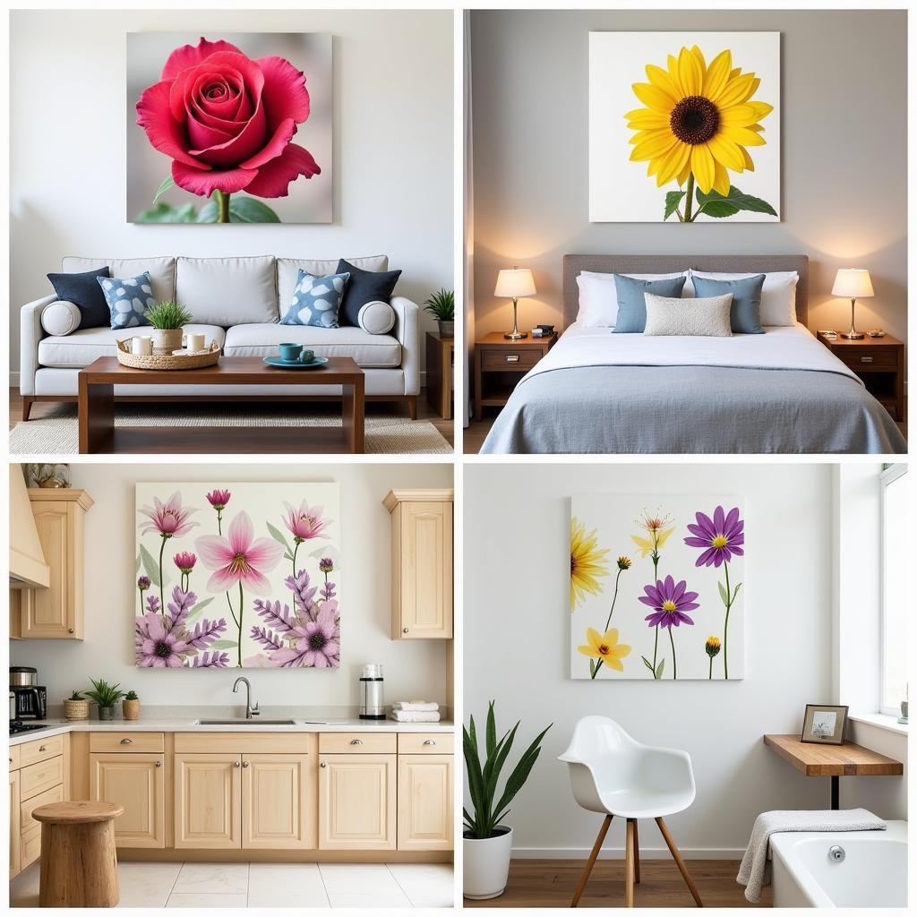 Various Floral Canvas Prints Displayed in Different Interior Settings