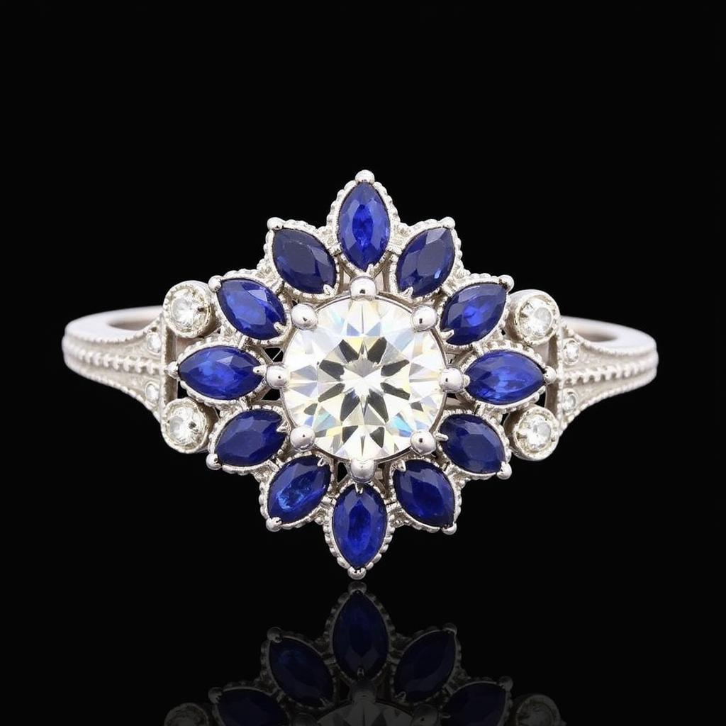 Floral Motif Art Deco Ring with Sapphires and Diamonds