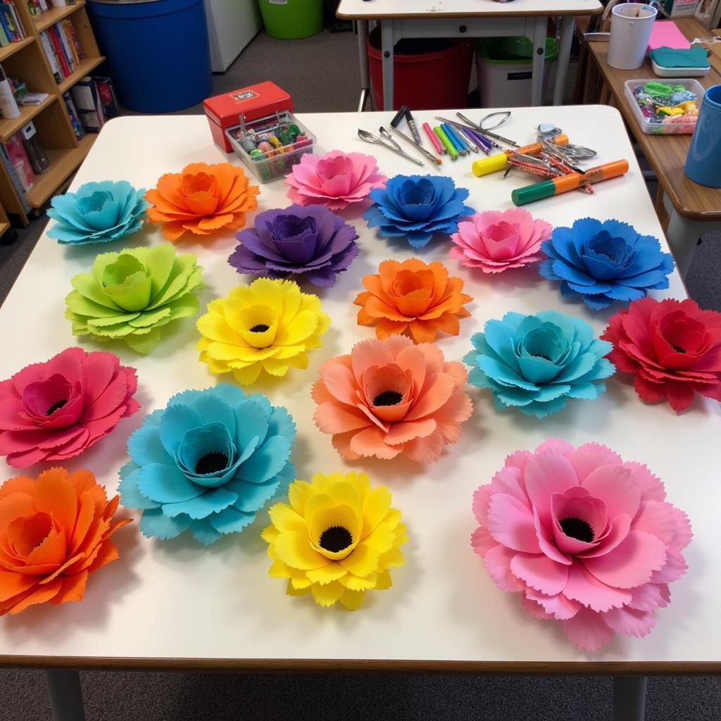 Colorful tissue paper flowers crafted by kindergarten children.