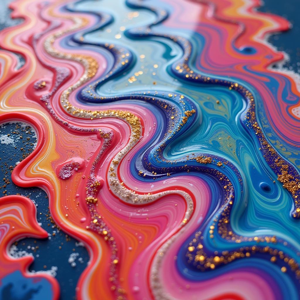 Advanced fluid art techniques, including resin swirls.