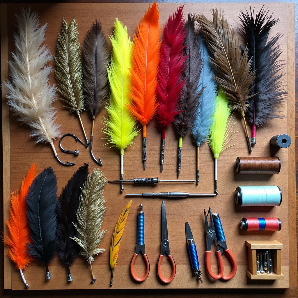 An assortment of fly tying materials and tools arranged on a wooden table.