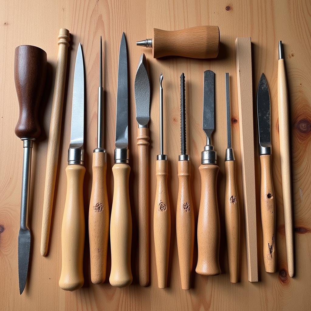 Various tools and techniques used in folk art wood sculpture