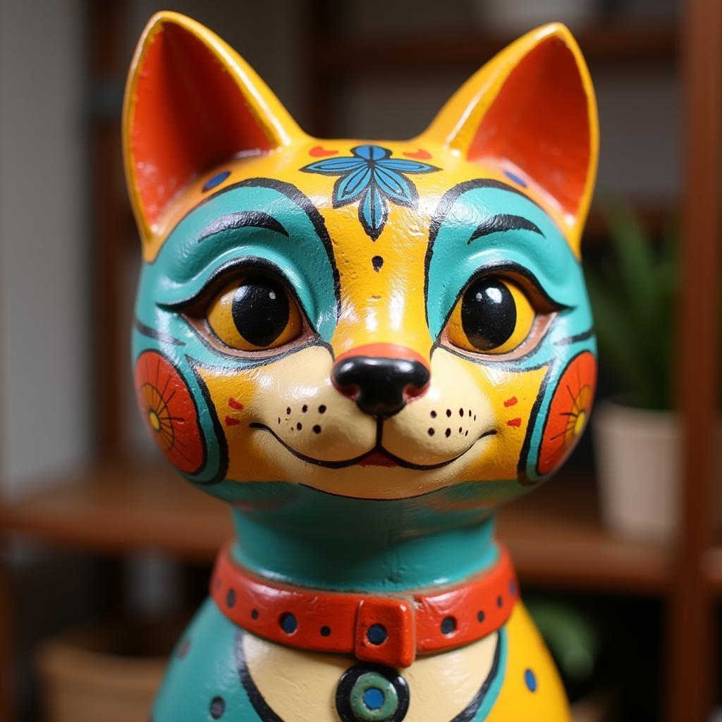 A vibrant wooden sculpture of a folk art cat