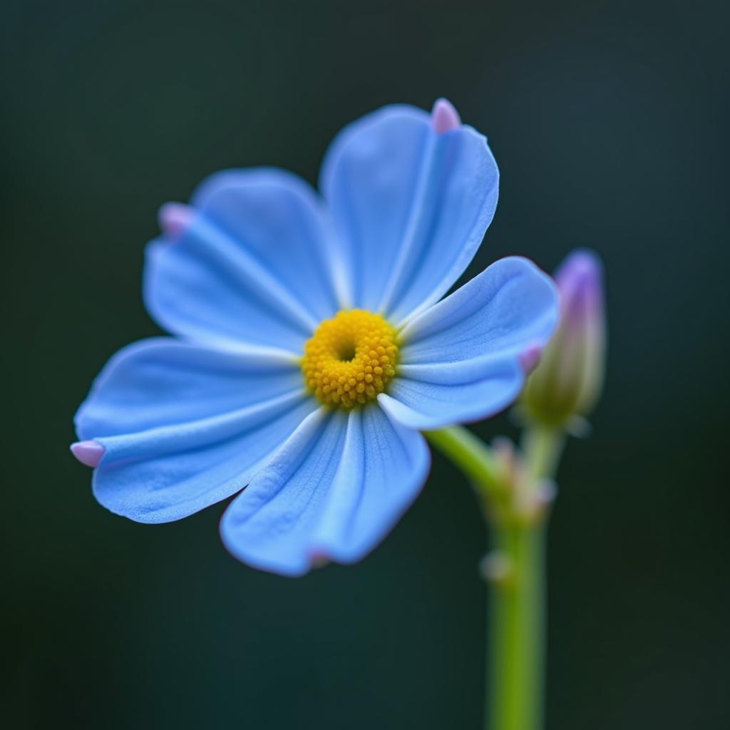 A stunning macro photograph of a single forget-me-not, highlighting the intricate details of its petals and center.