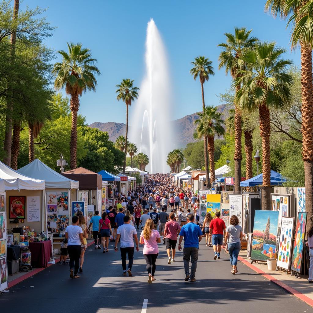 Vibrant scene of the Fountain Hills Art Festival with artists showcasing their work and attendees admiring the art