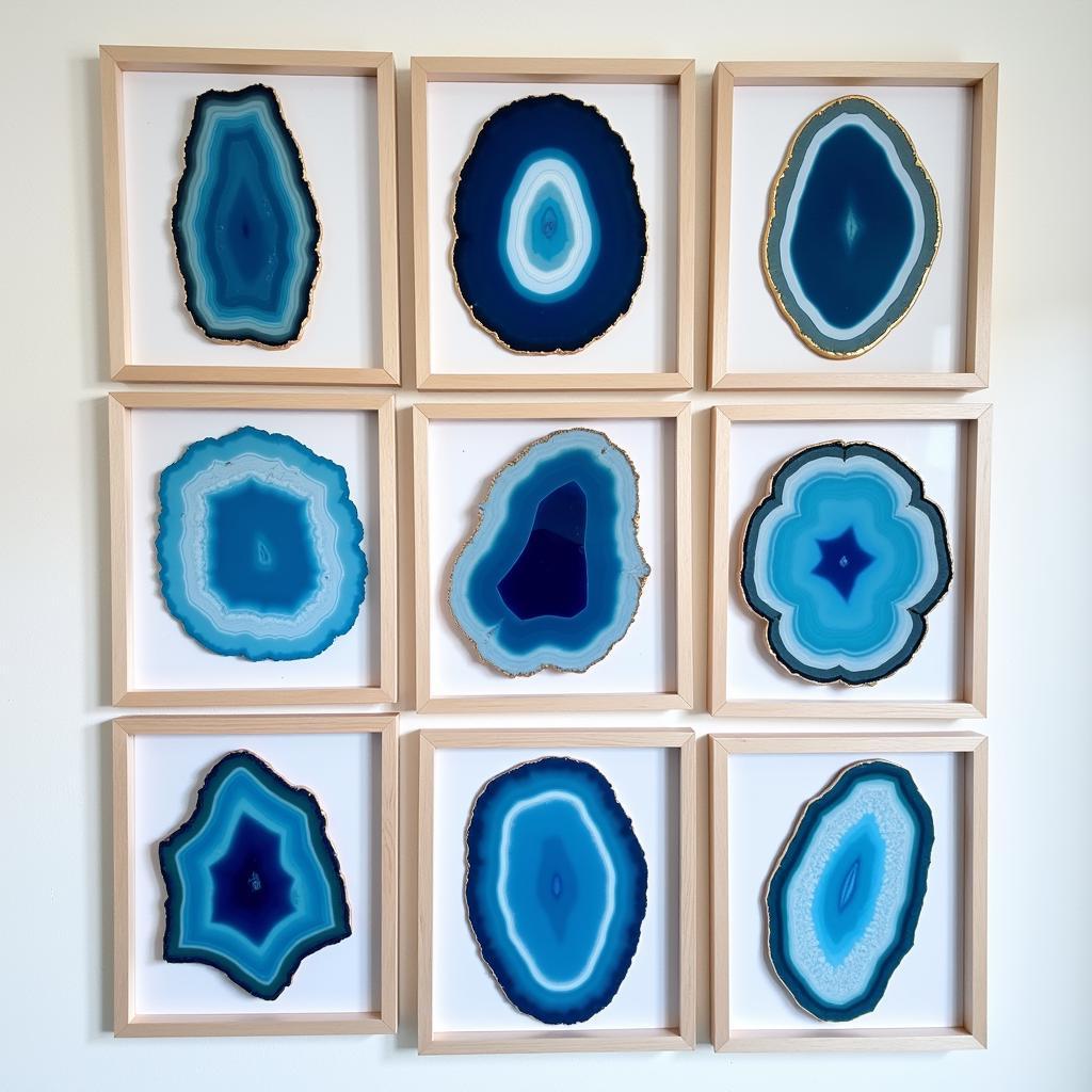 Framed blue agate slices create a stunning wall decor arrangement