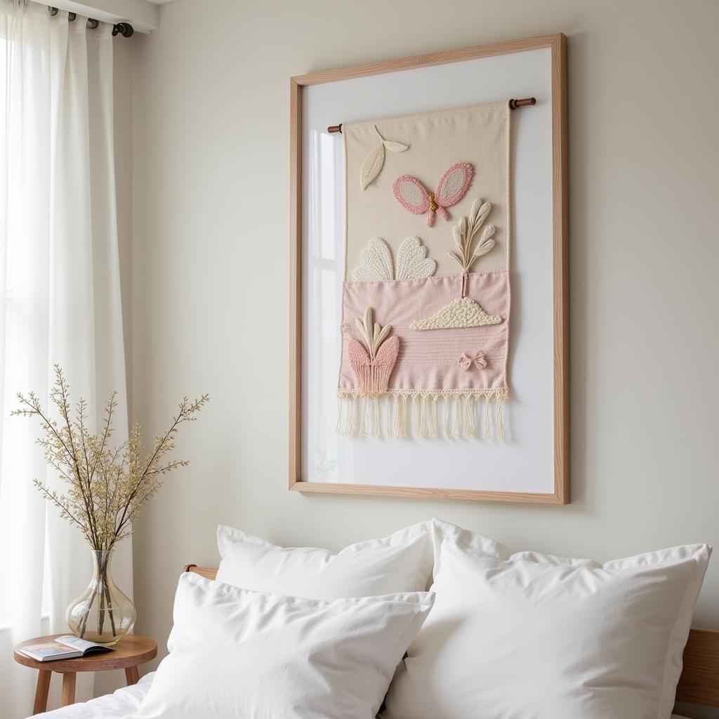 Framed cloth art creates a cozy atmosphere in a bedroom