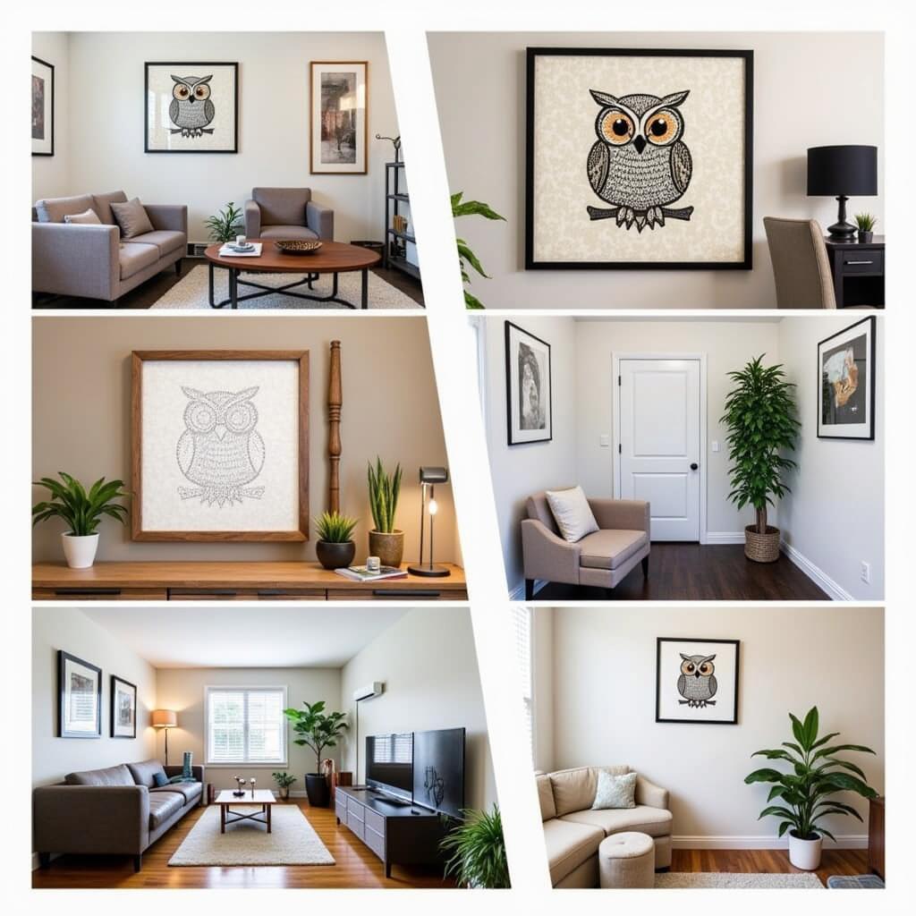 Displaying framed diamond art owl pieces in various home settings