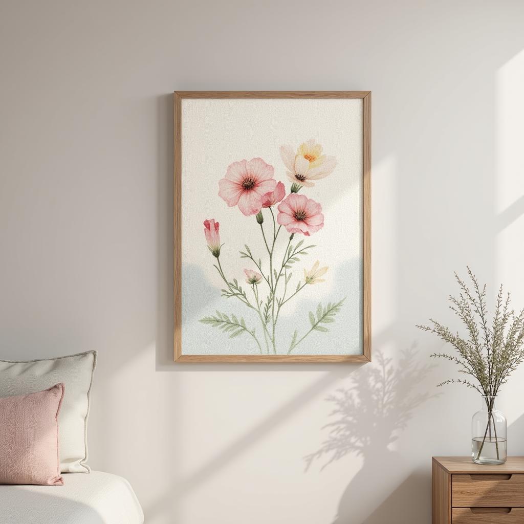 Close-up of a framed fabric wall art featuring a delicate floral design in a bedroom setting