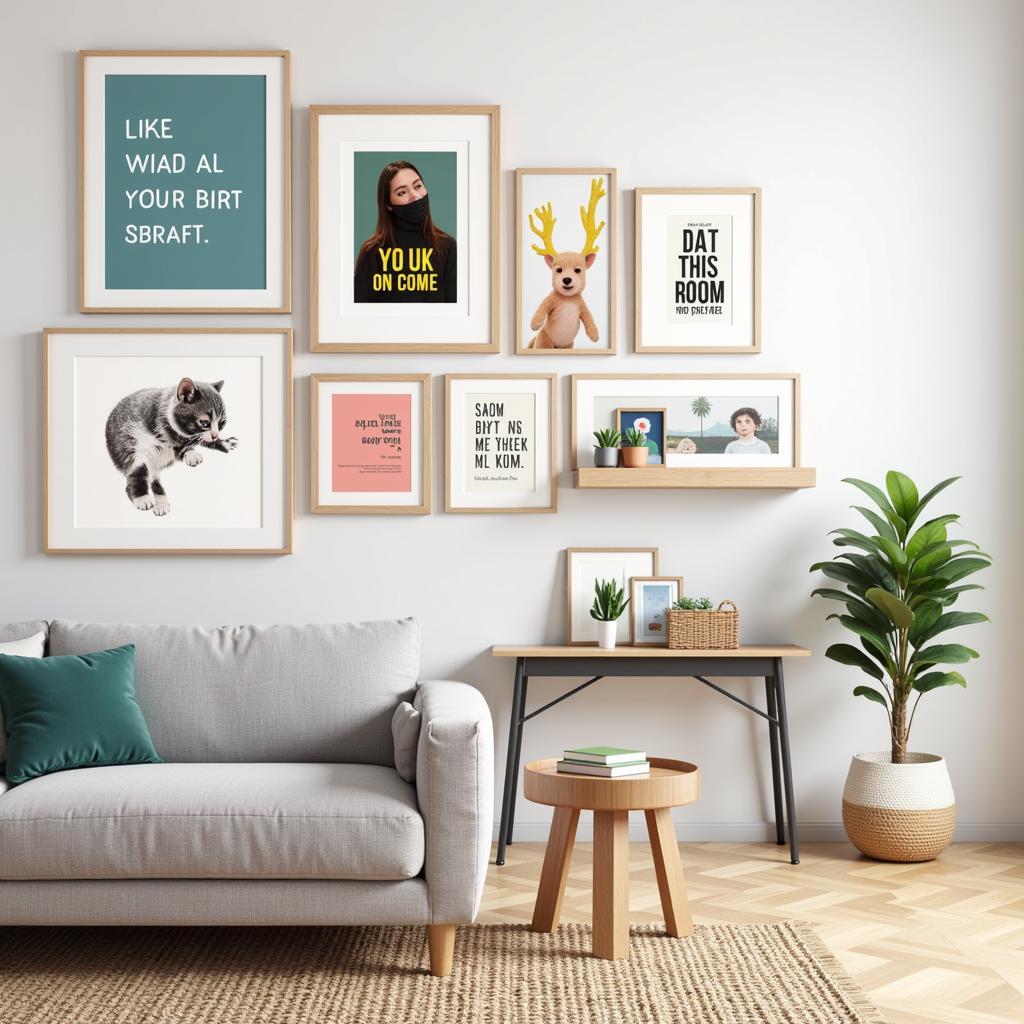 Different ways to display framed fun art prints, including a gallery wall, individual statement pieces, and creative arrangements.