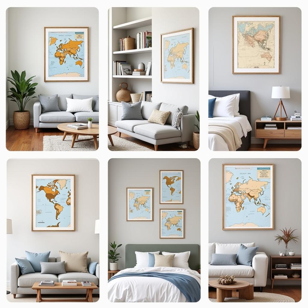 Examples of framed map art prints displayed in different rooms, showcasing various framing and placement options.