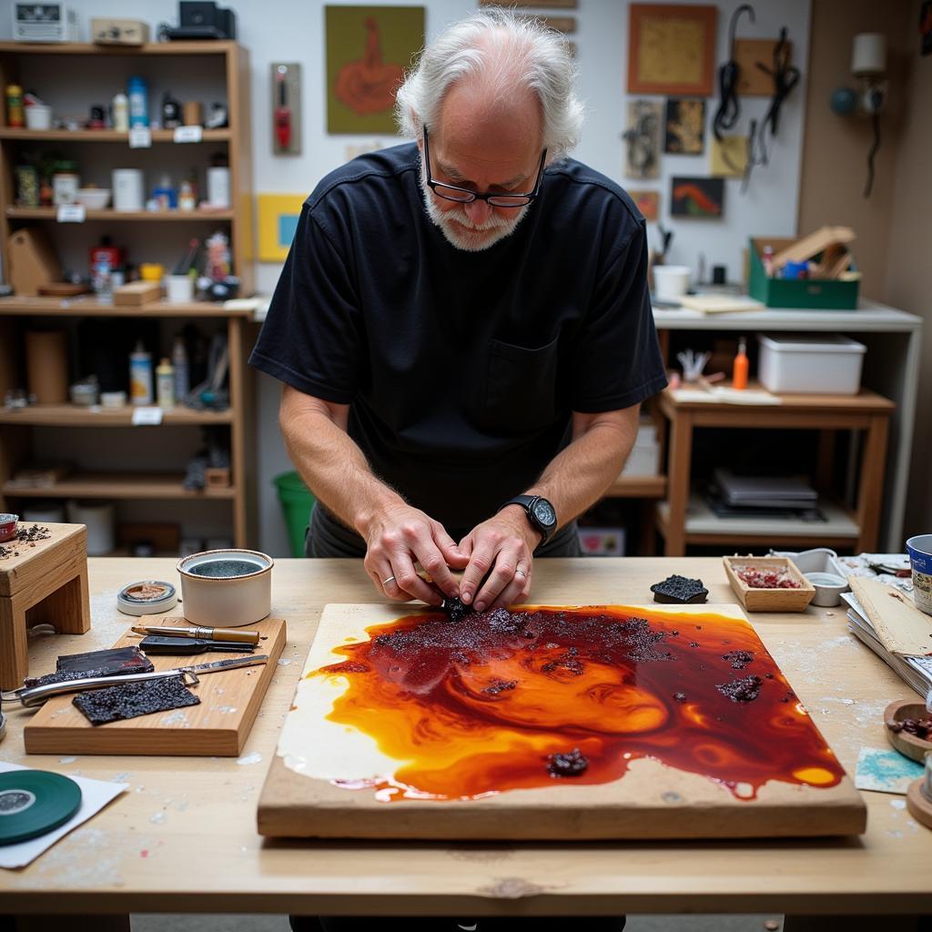 Frank Gallo working with epoxy resin in his studio, demonstrating his innovative techniques.