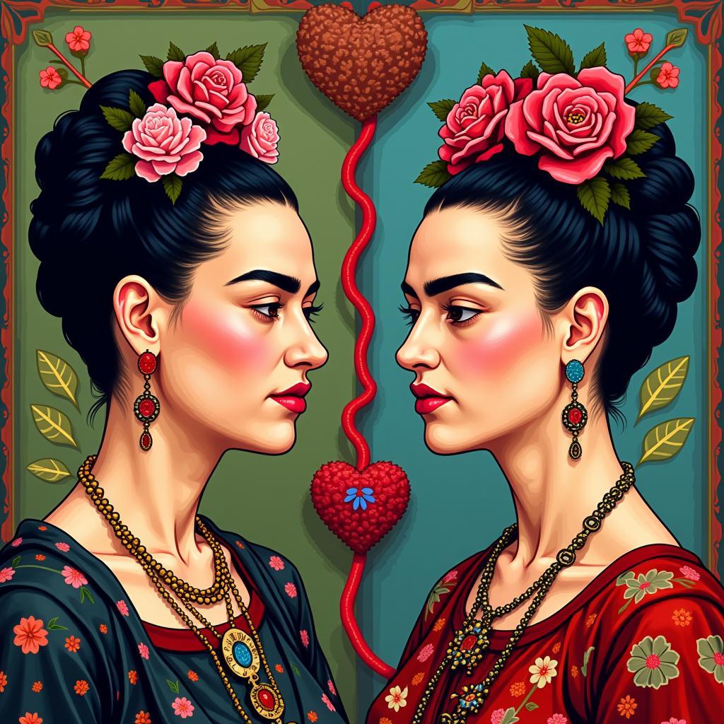 Pixel art rendition of Frida Kahlo's "The Two Fridas", exploring themes of duality and identity.