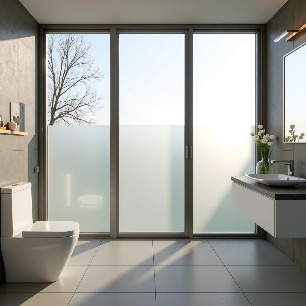 Frosted window film providing privacy in a modern bathroom