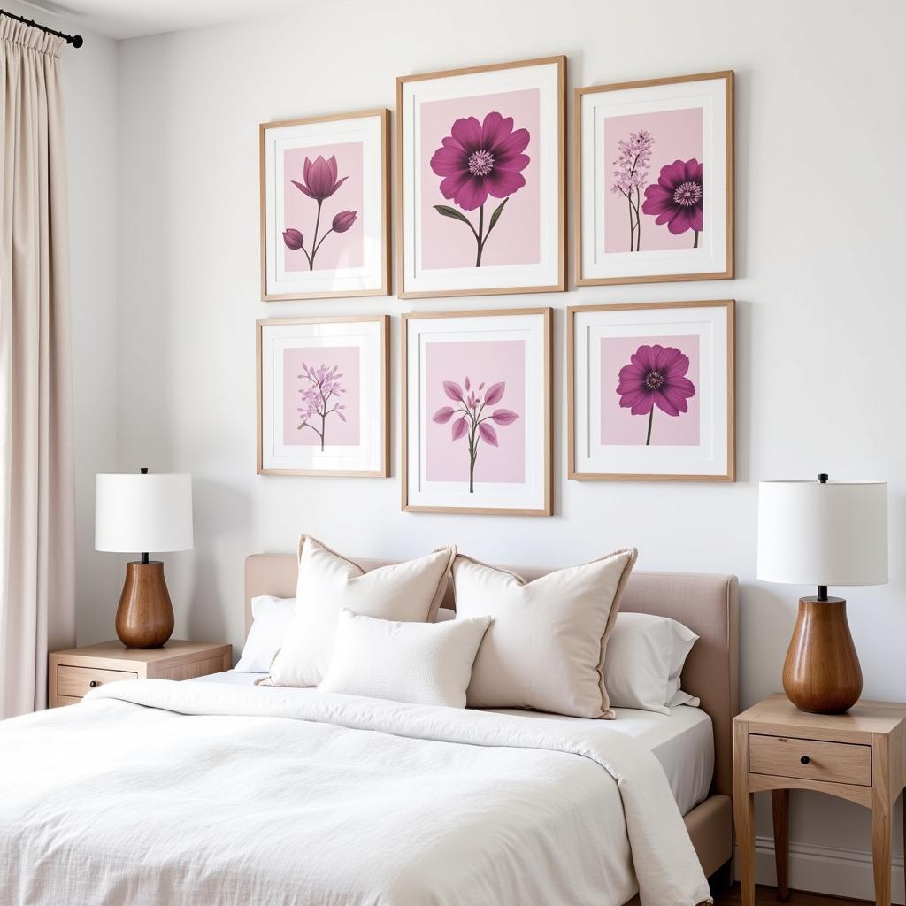 Fuchsia wall art in a serene bedroom, featuring a gallery wall of smaller framed botanical prints with various shades of pink and purple, creating a calming and elegant atmosphere.