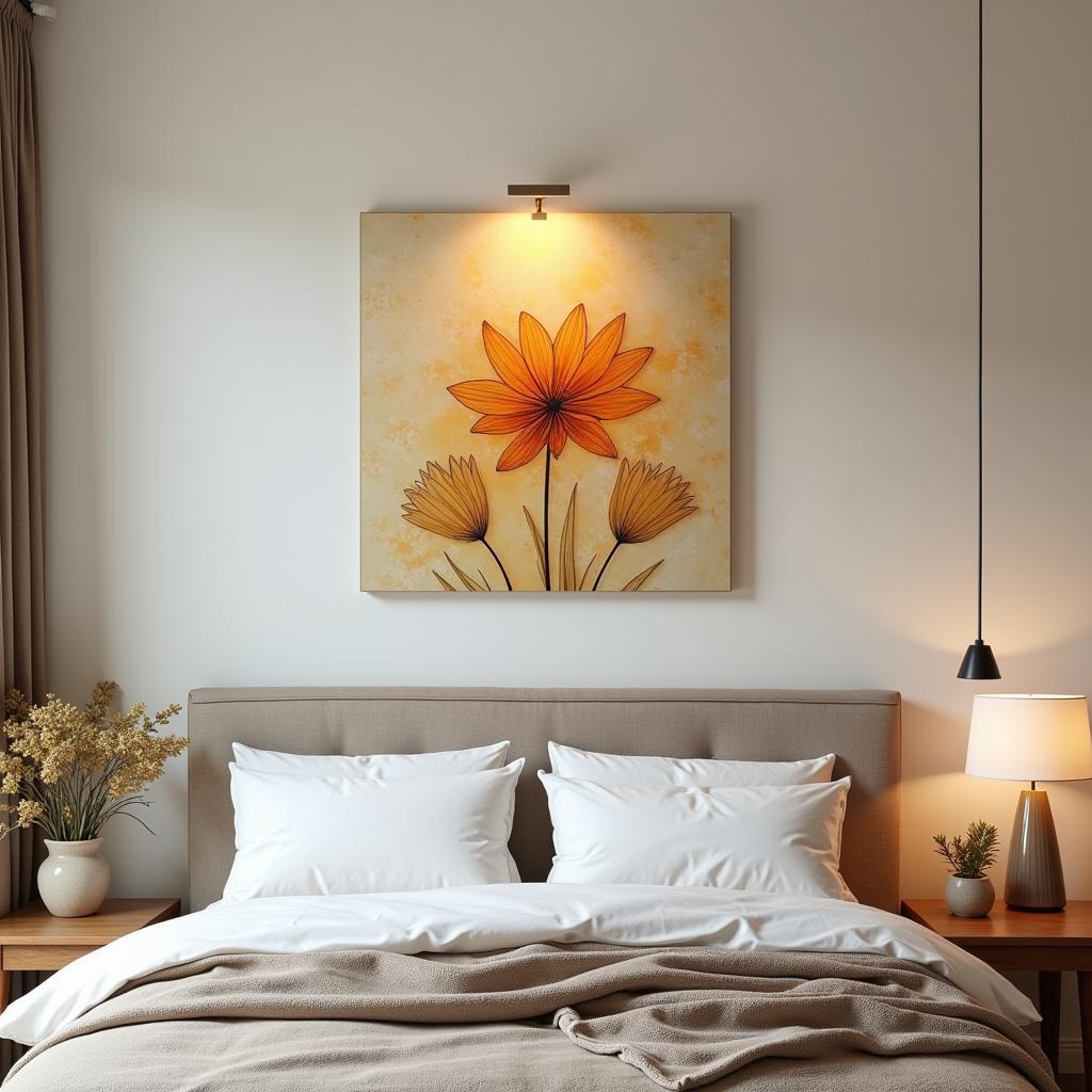 Fused glass wall art with a floral design adding elegance to a bedroom.