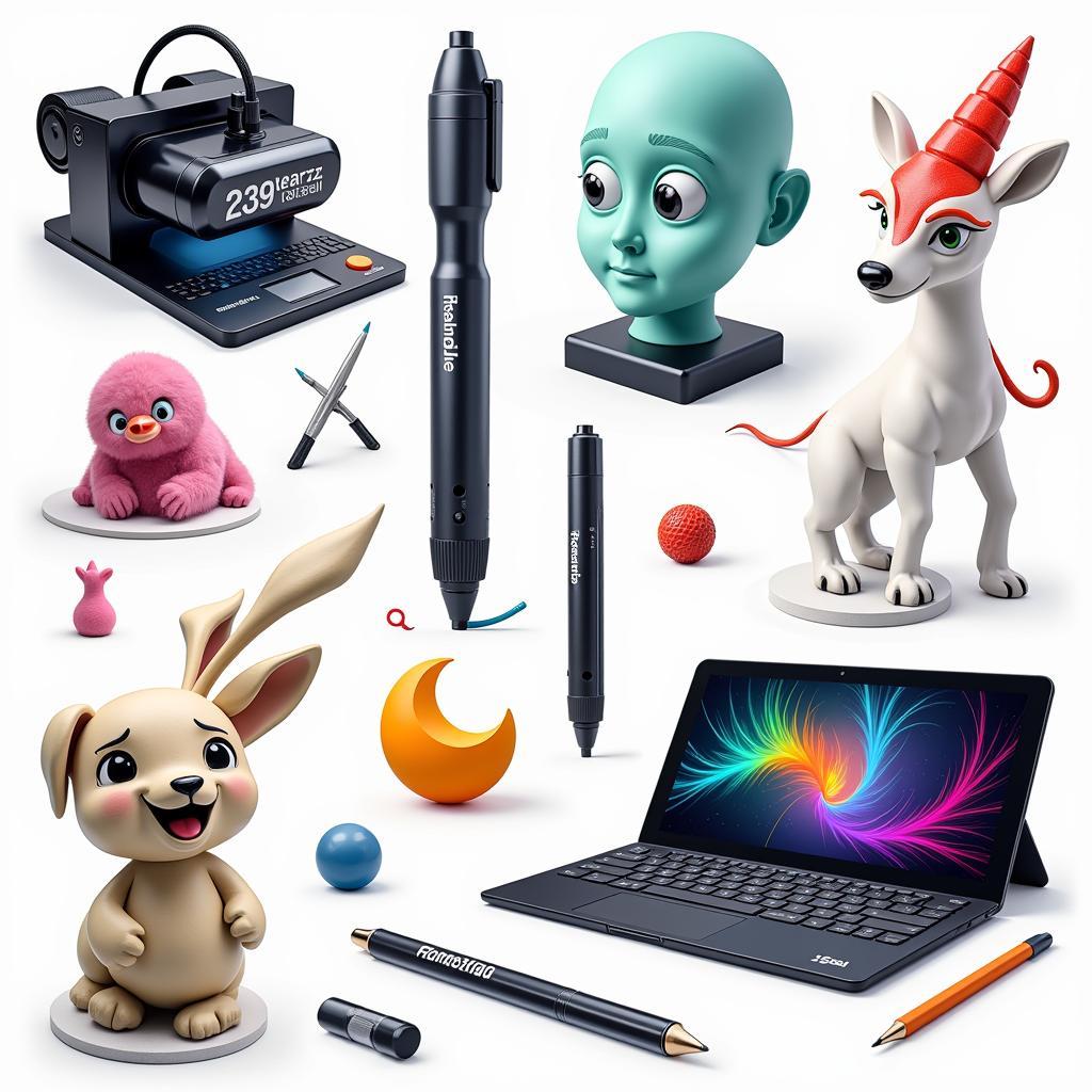 Futuristic art supplies and digital art tools.