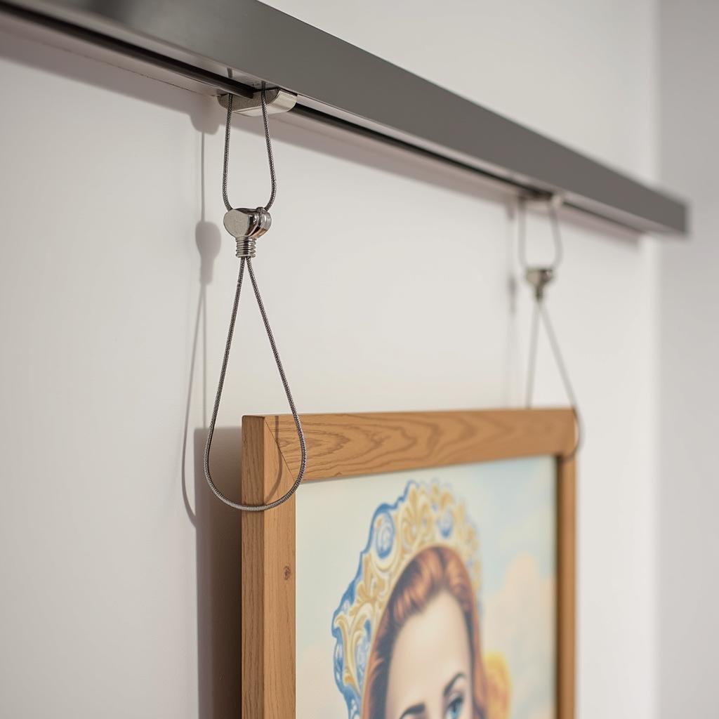 Gallery hanging system featuring adjustable hooks for flexibility in artwork display.