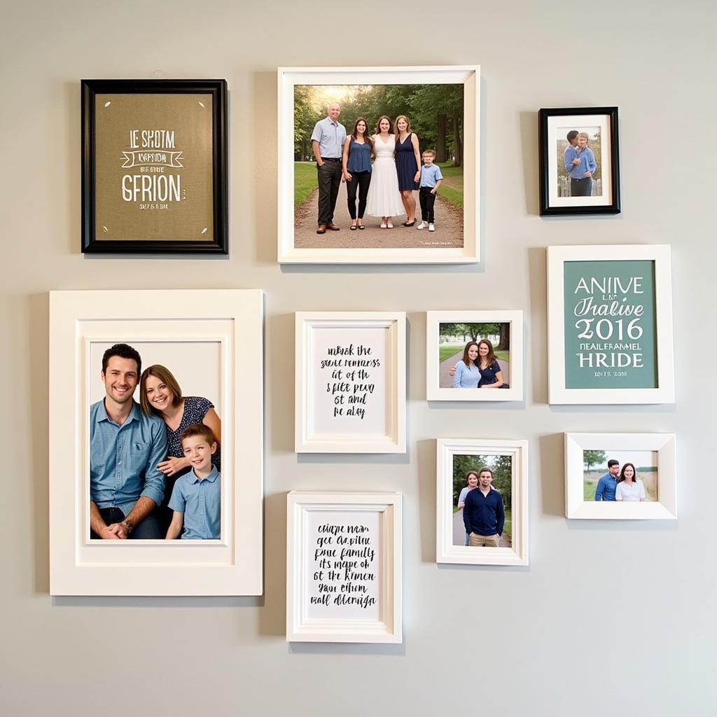 A gallery wall featuring a mix of family photos, personalized artwork, and quotes.