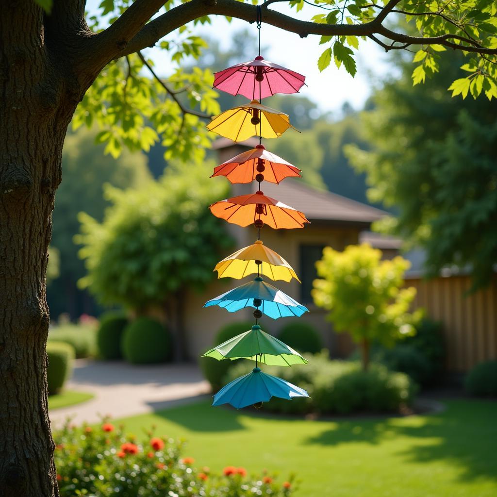 A colorful mobile hangs from a tree branch in a garden, its elements moving gently in the breeze.