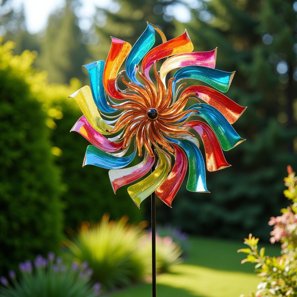 A colorful wind spinner made of metal, spinning gracefully in a garden.