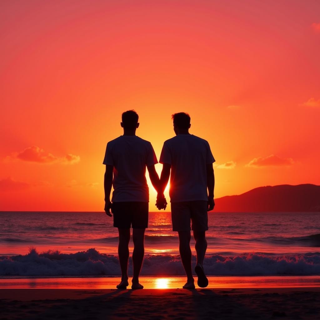 Silhouette of two men holding hands on a beach at sunset, representing freedom and love in gay photography.