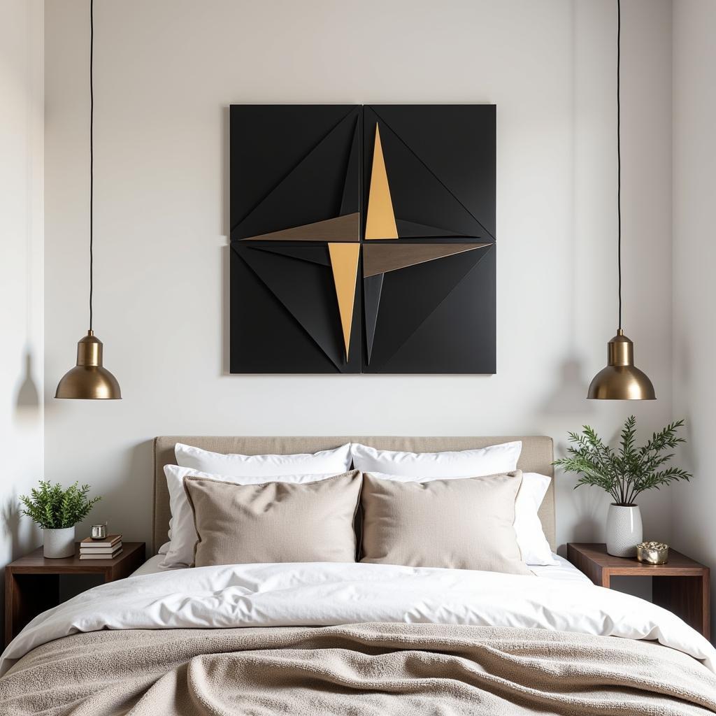 Geometric Black and Gold Wall Art above a Bed