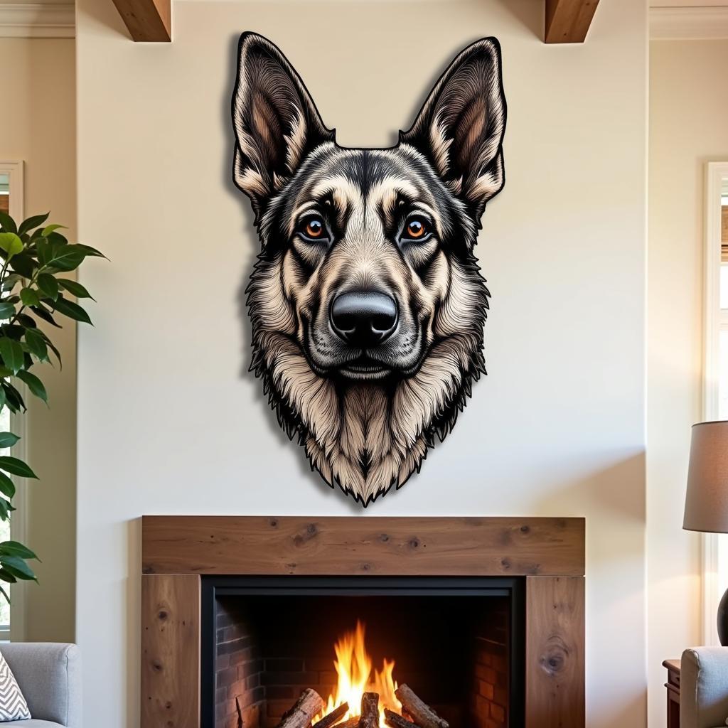 German Shepherd metal wall art in a living room