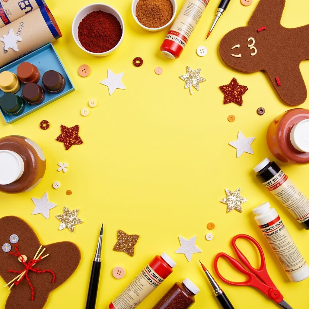 A collection of art supplies for gingerbread man art activities in a preschool setting.