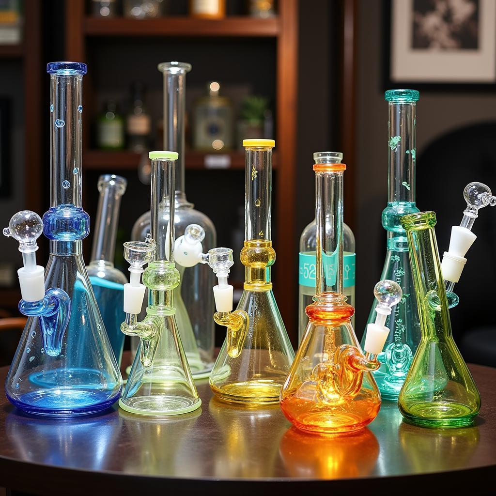 A collection of glass bongs displayed, showcasing their artistic value.