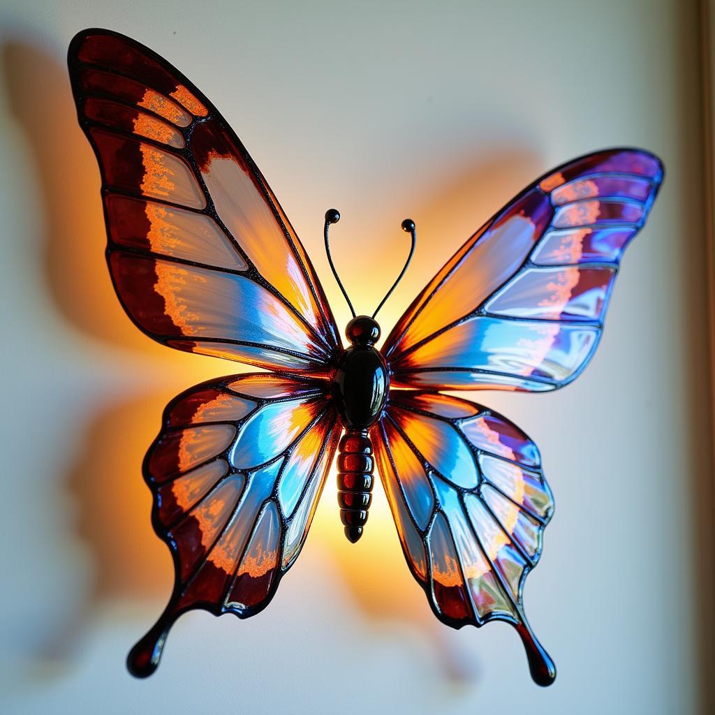 Glass butterfly wall art with iridescent wings shimmering in the light.