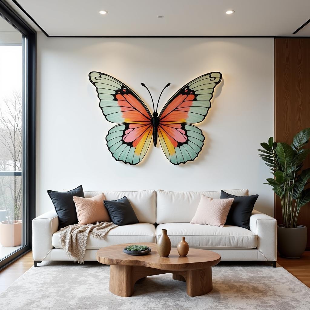 Glass butterfly wall art in a modern living room setting.