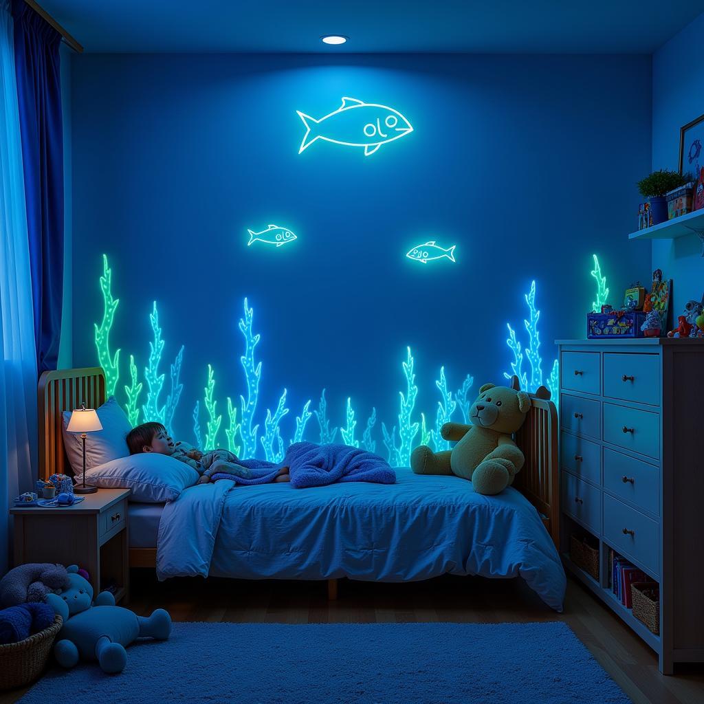 Glowing fish stickers create a magical underwater scene in a child's bedroom