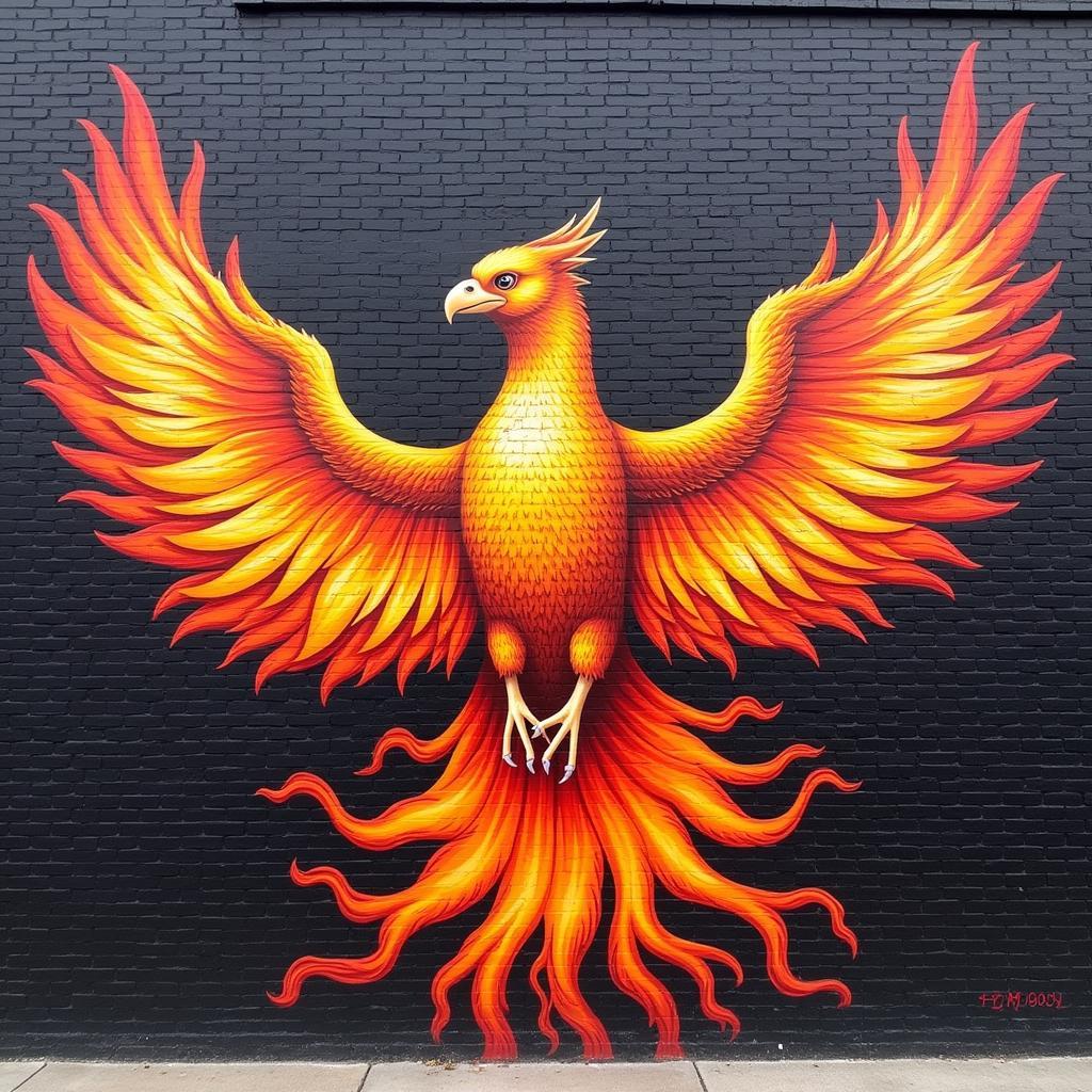 A vibrant mural of a phoenix rising from flames, painted on a brick wall. The graffiti art incorporates bold colors and intricate details.