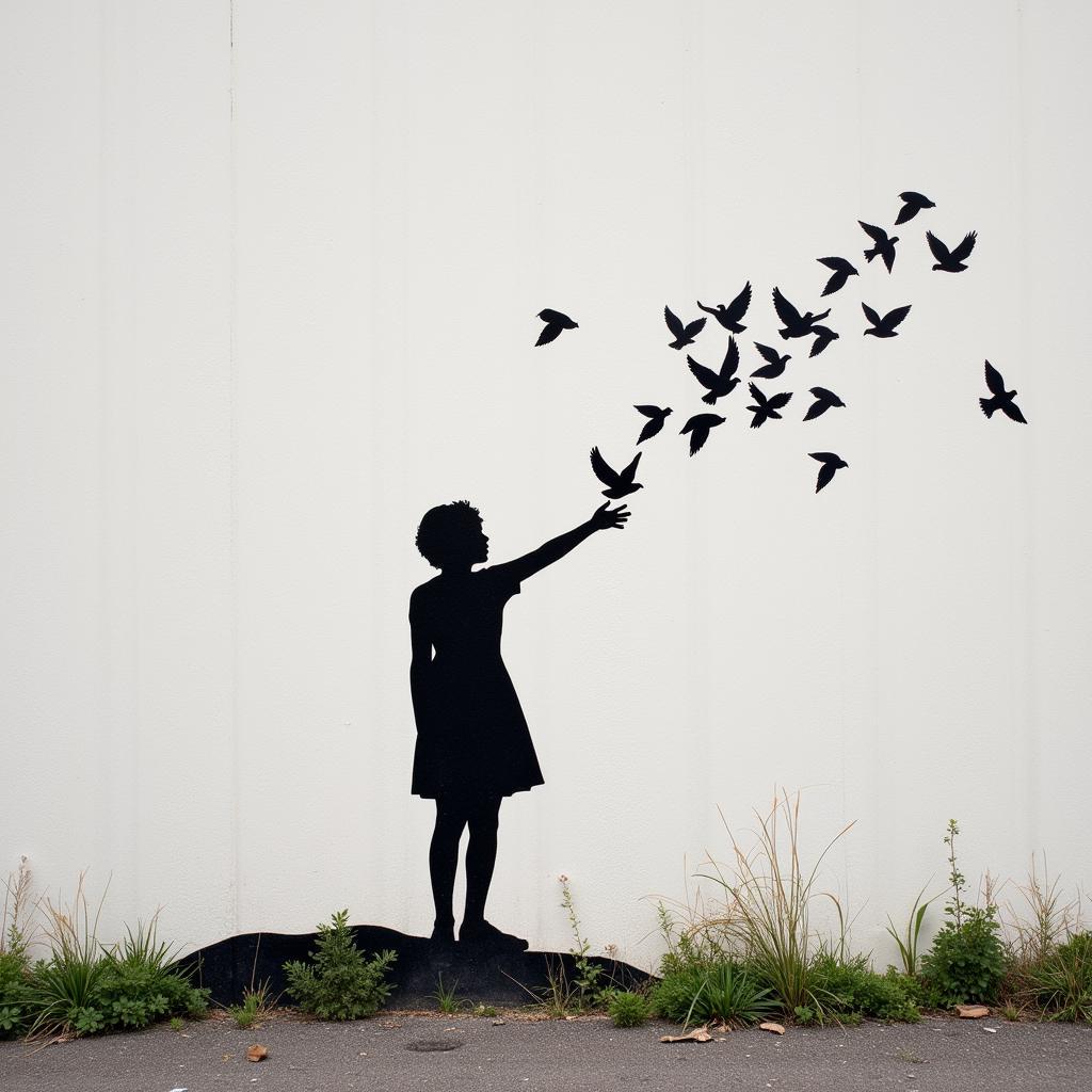 A stencil graffiti art piece on a concrete wall depicting a silhouetted figure releasing a flock of birds. The image is monochromatic, using black against the gray concrete.