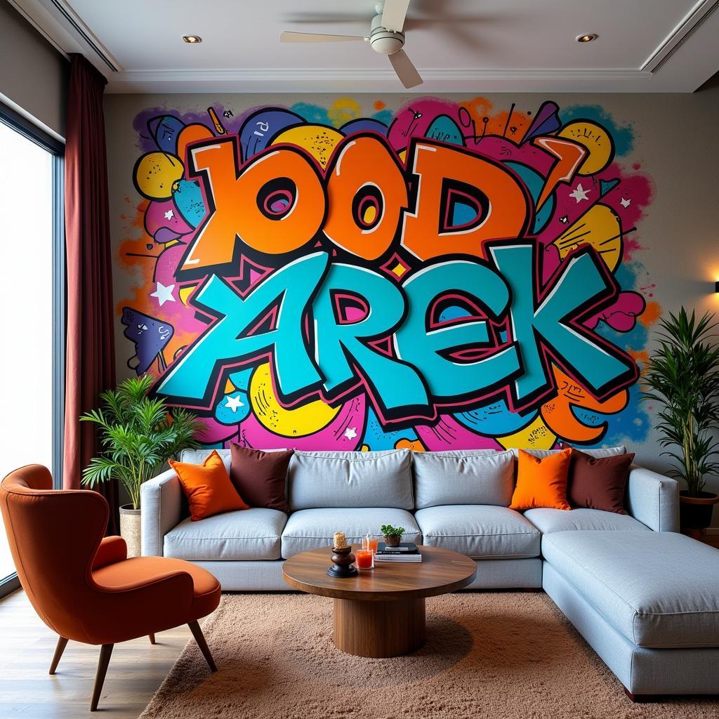 Graffiti wall art in a living room setting