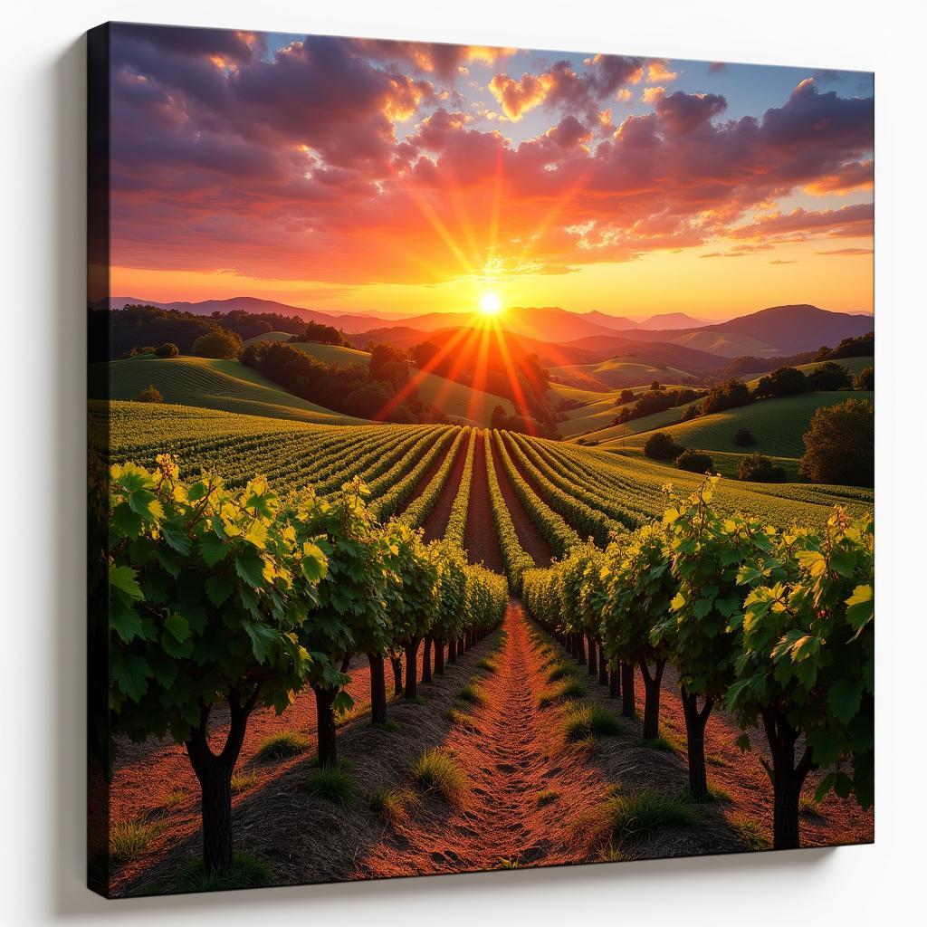 Canvas print of a sunset over a grape vineyard