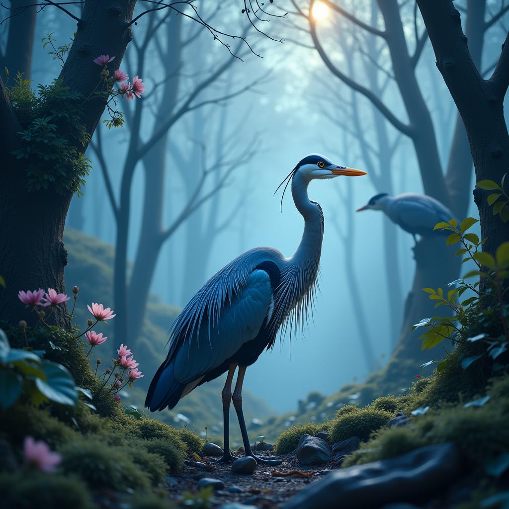 Photo Manipulation of Great Blue Heron in a Dreamlike Setting