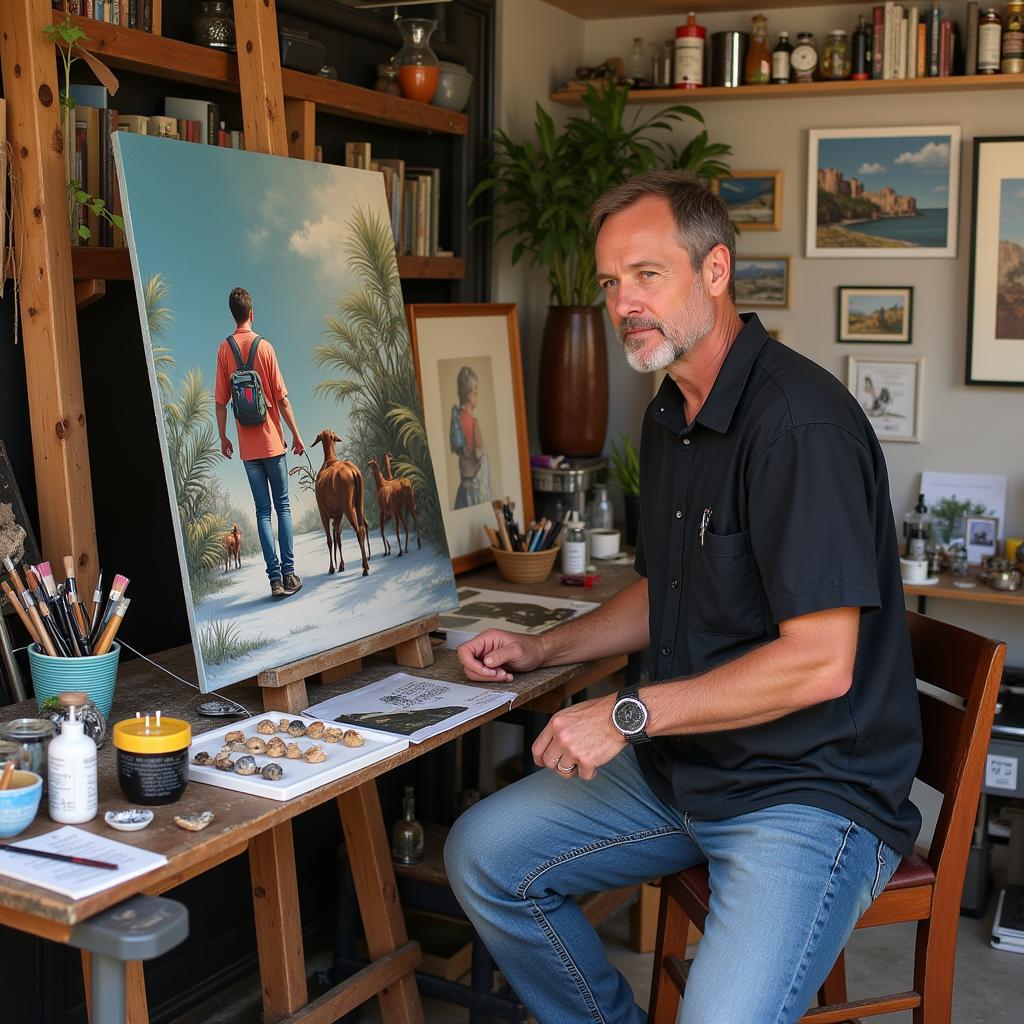 Greg Simkins in his Studio with Work in Progress