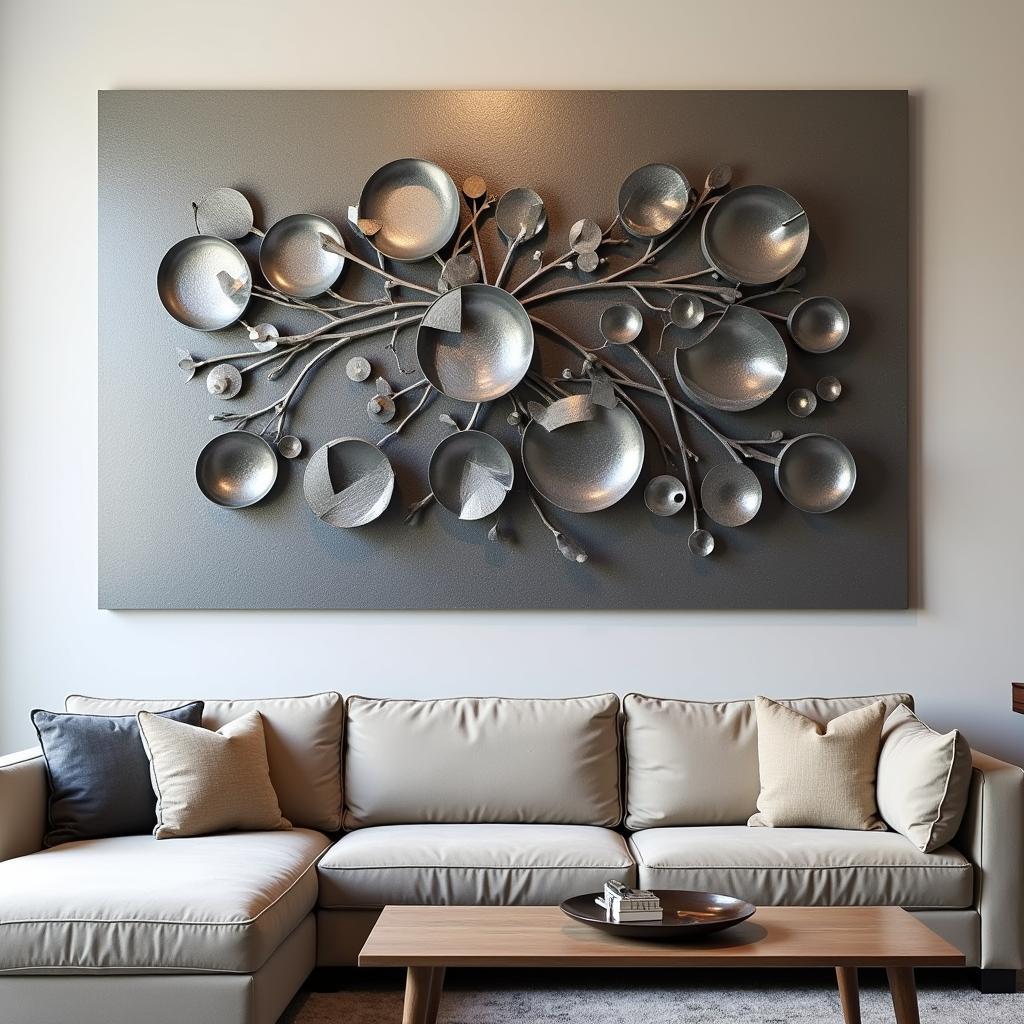 Grey Metal Wall Sculpture in Living Room