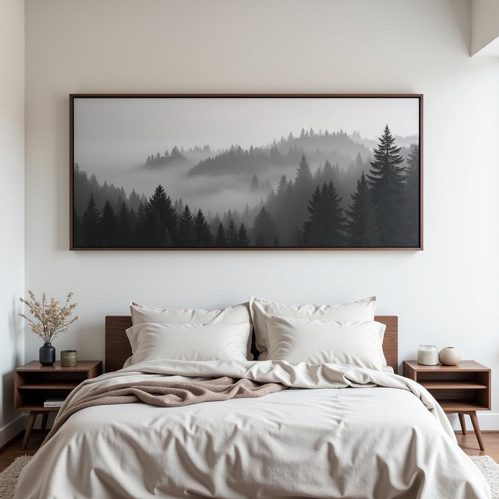 Grey photographic wall art featuring a serene nature scene creates a peaceful atmosphere in a bedroom.